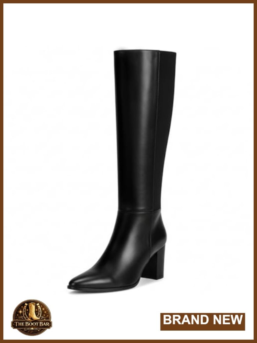 Pointed Toe Chunky Block Heel Knee High Boots Faux Leather Side Zip